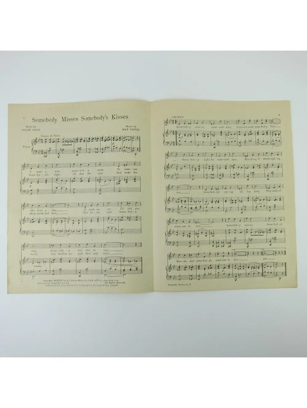 Somebody Misses Somebody's Kisses Sheet Music Frank Davis M. Prival Antique 1919
